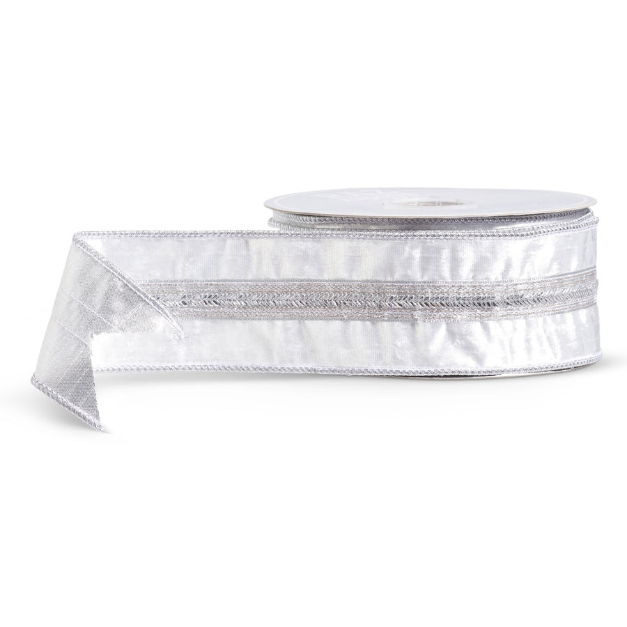 2.5" X 10 Yds White Velvet Ribbon with Silver Embellishments