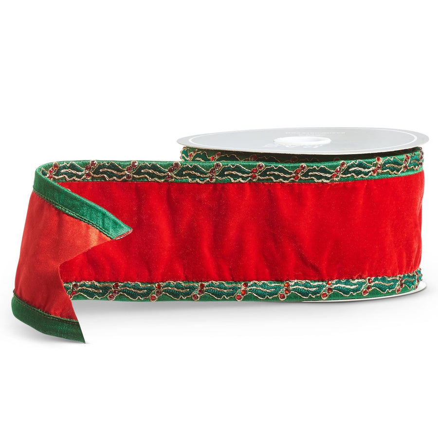 4" X 10 Yds Red Velvet Ribbon with Holly Trim