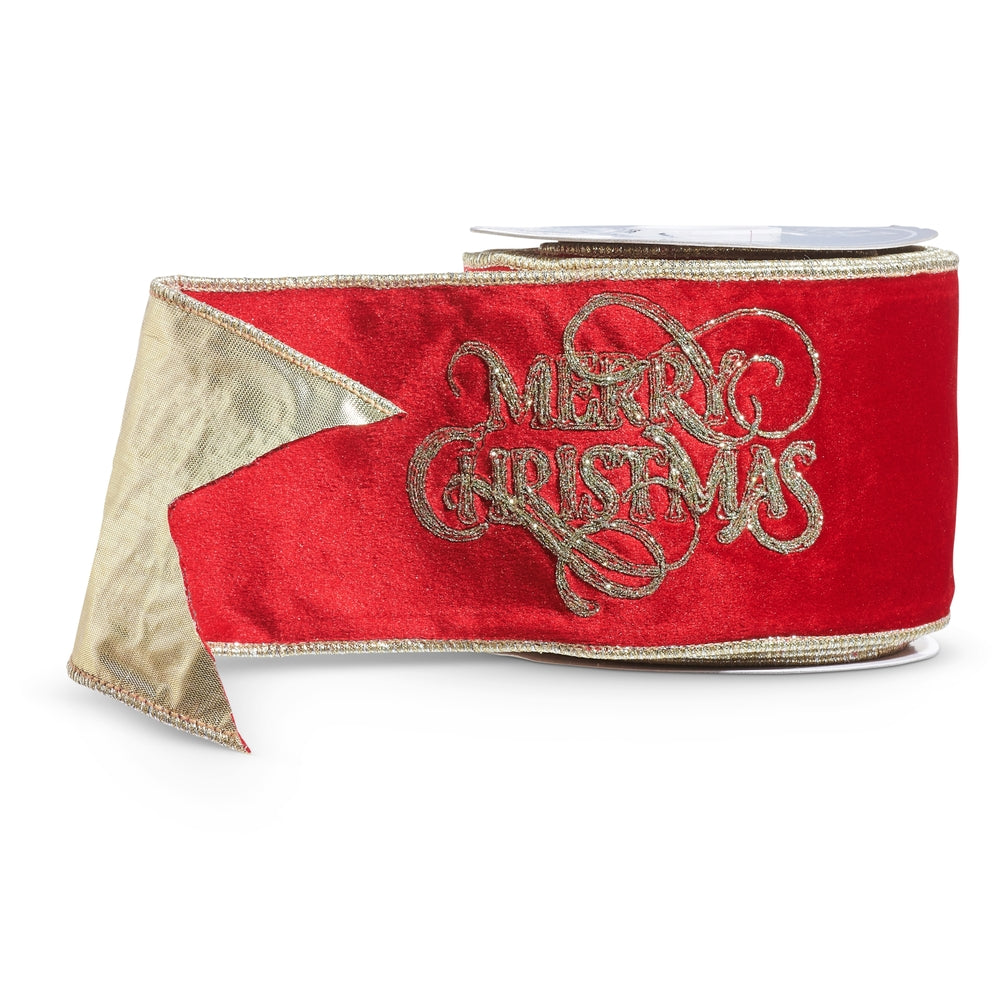 4" X 10 Yds Red Velvet Wired Ribbon with Merry Christmas Embroidery