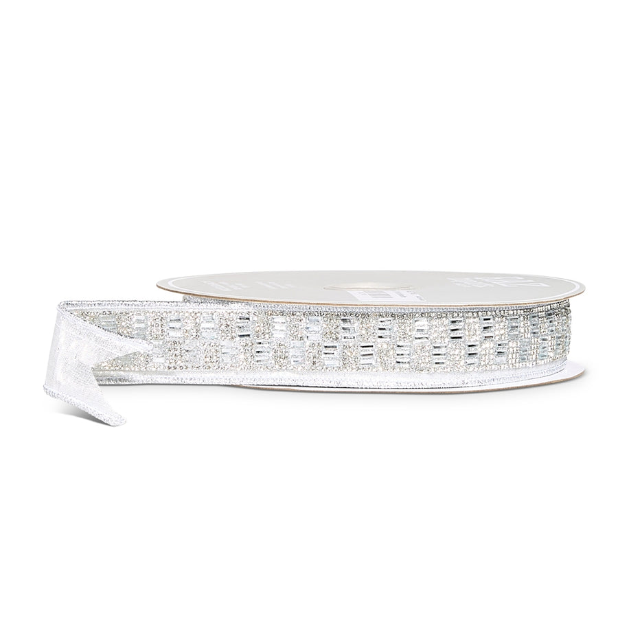 1.5" X 5 Yds Silver Jeweled Wired Ribbon
