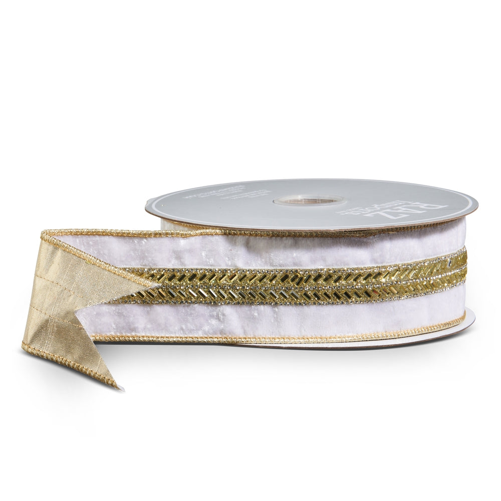 2.5" X 10 Yds White Velvet Jeweled Wired Ribbon