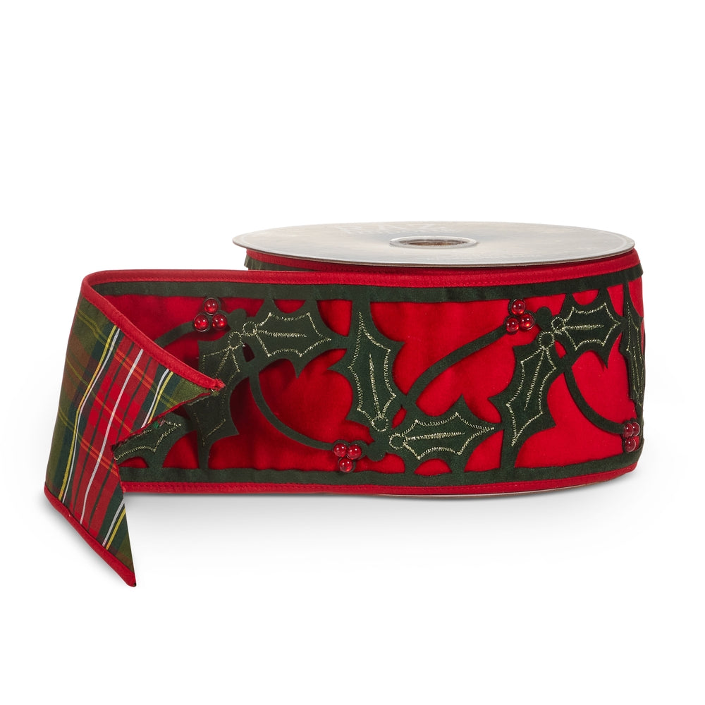 4" X 10 Yds Velvet and Plaid Holly Wired Ribbon