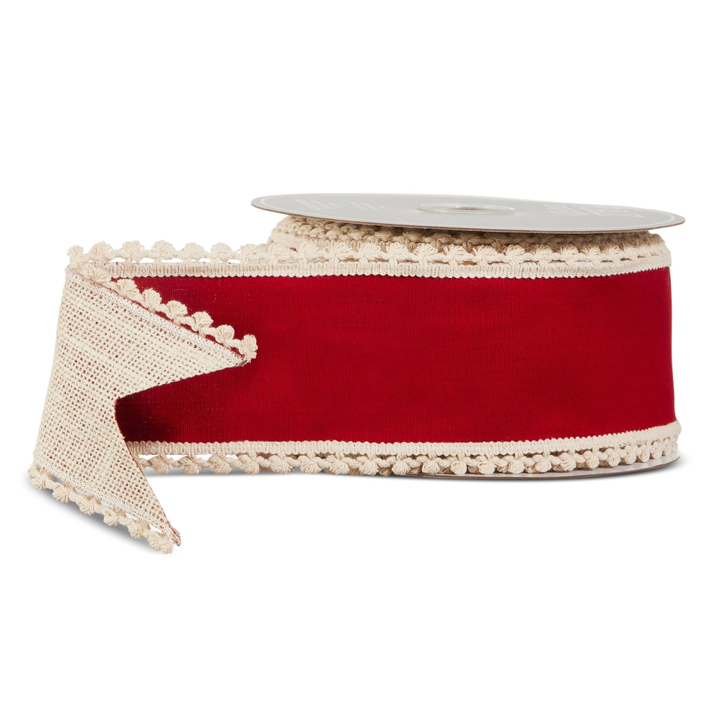 4" X 10 Yds Red  and  Natural Fringe Edge Wired Ribbon