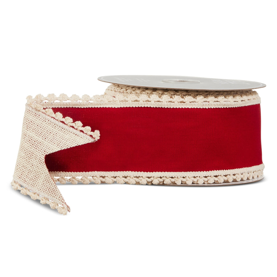 4" X 10 Yds Red  and  Natural Fringe Edge Wired Ribbon