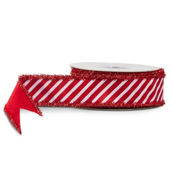 1.5" X 10 Yds Red Peppermint Stripe Tinsel Wired Ribbon