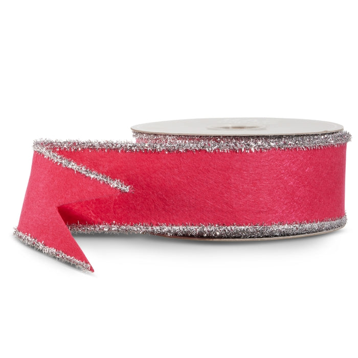 Dark Pink and Silver Tinsel Felt Wired Ribbon 2.5" X 10 Yds