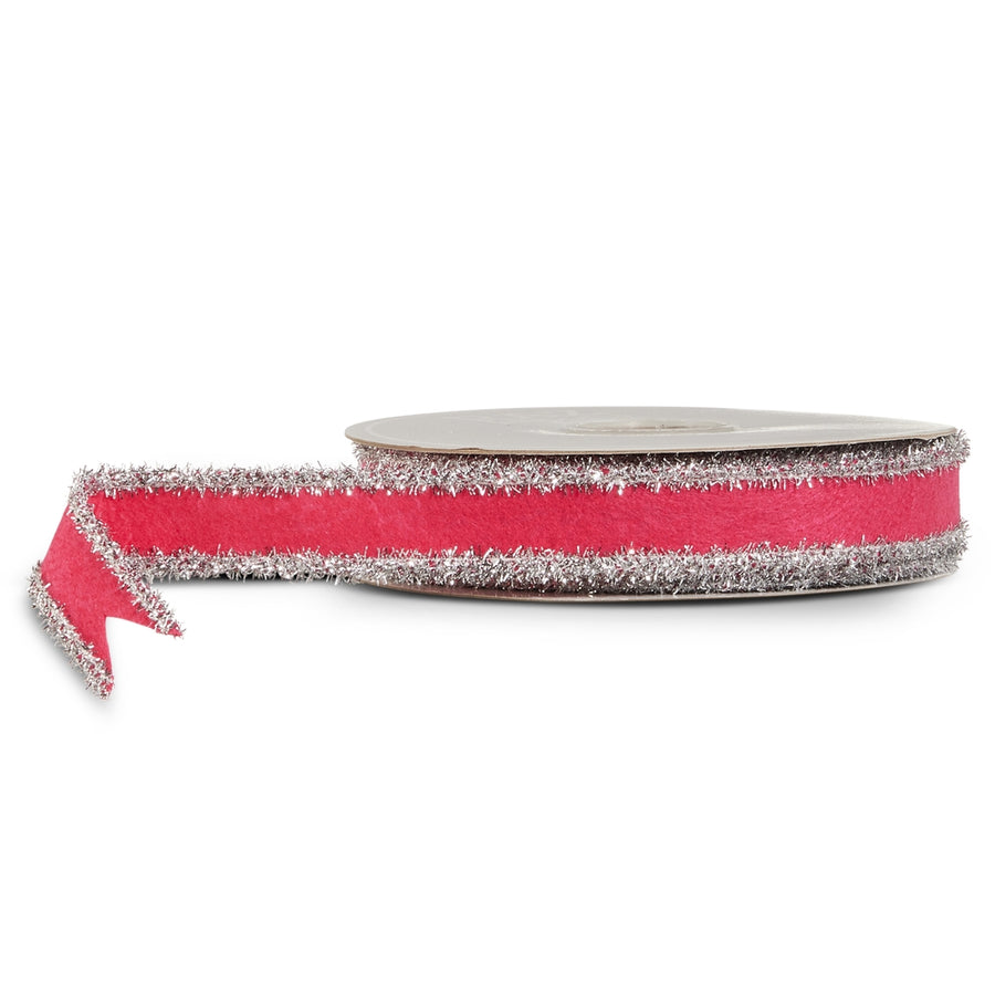 1" X 10 Yds Dark Pink  and  Silver Tinsel Felt Wired Ribbon