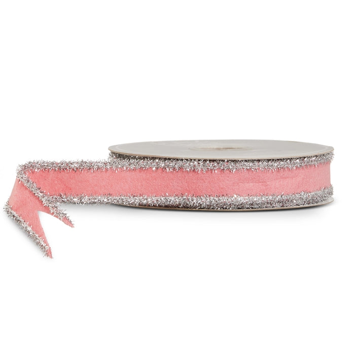 1" X 10 Yds Light Pink  and  Silver Tinsel Felt Wired Ribbon