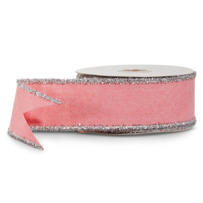 Light Pink and Silver Tinsel Felt Wired Ribbon 2.5" x 10 Yds