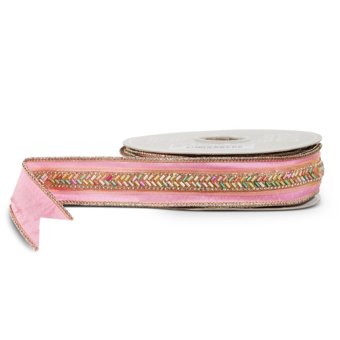 1.5" X 10 Yds Pink Multicolor Beaded Wired Ribbon