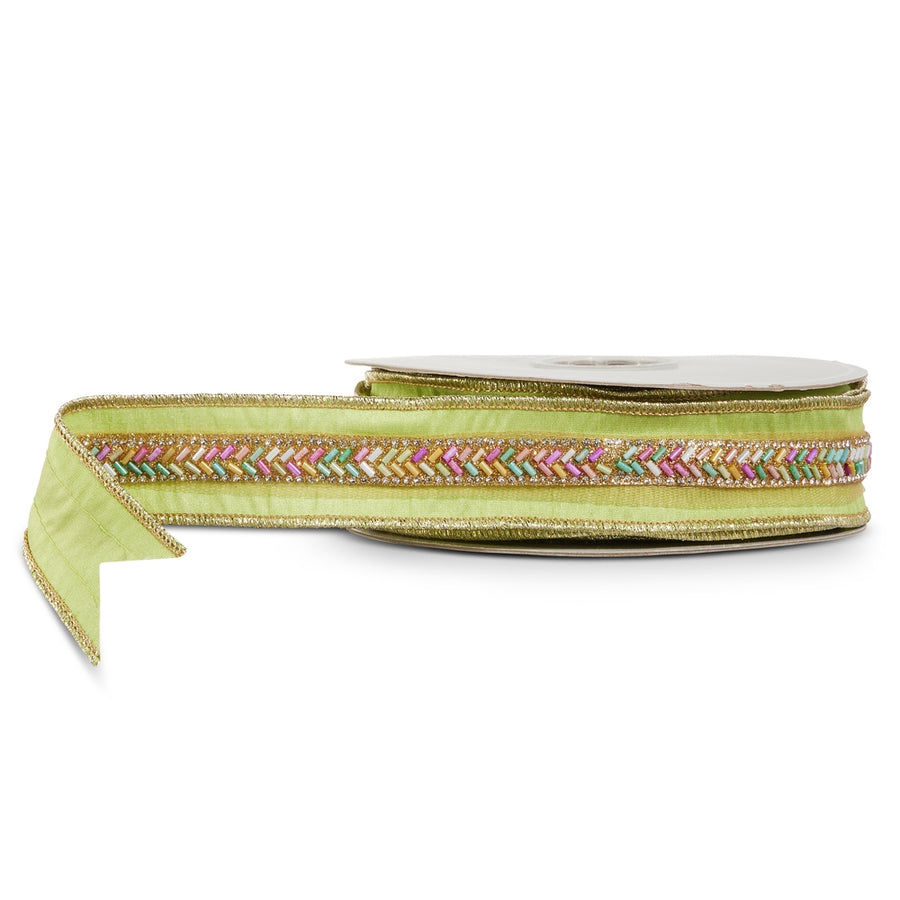 1.5" X 10 Yds Green Multicolor Beaded Wired Ribbon