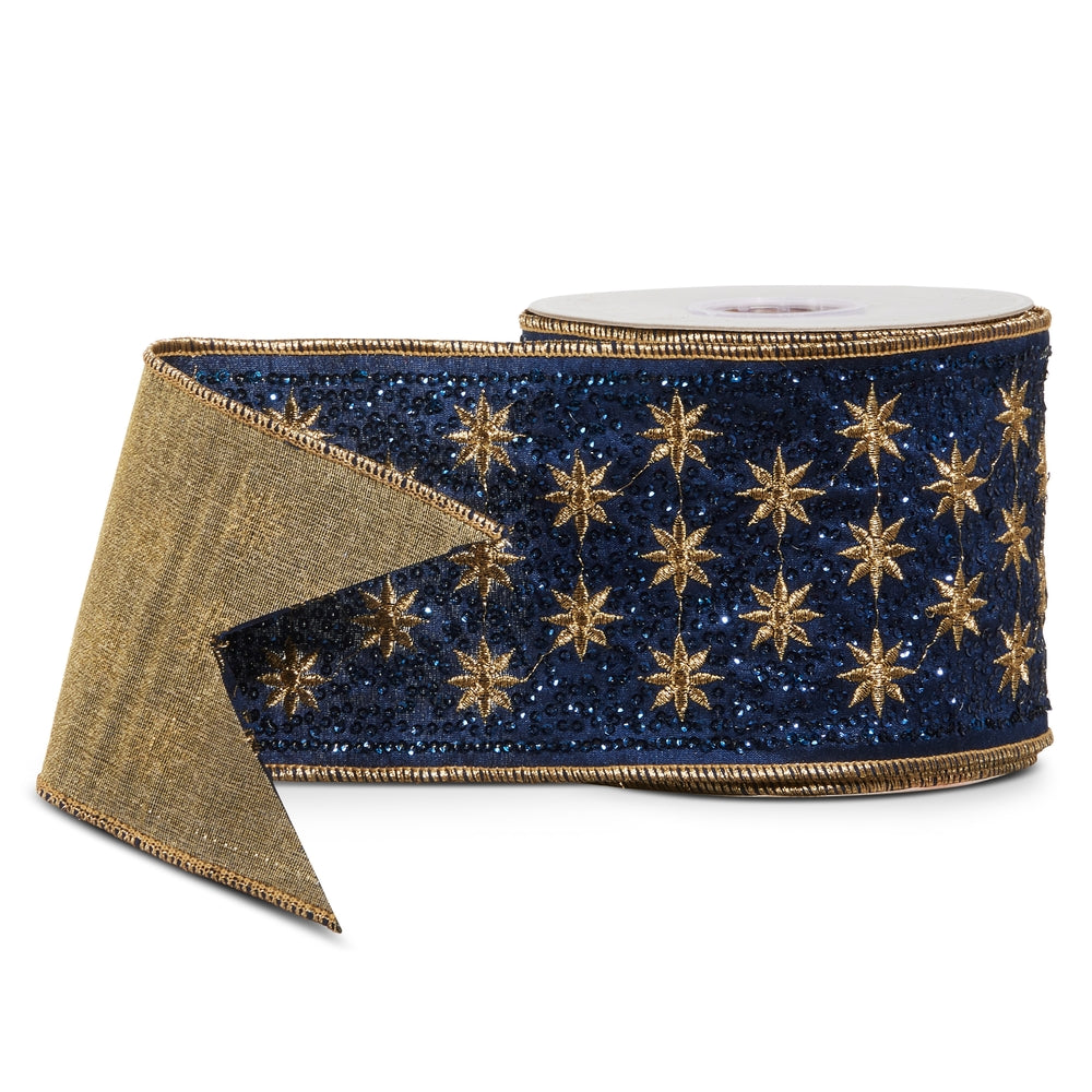 4" X 10 Yds Blue and Gold Celestial Sequin Wired Ribbon