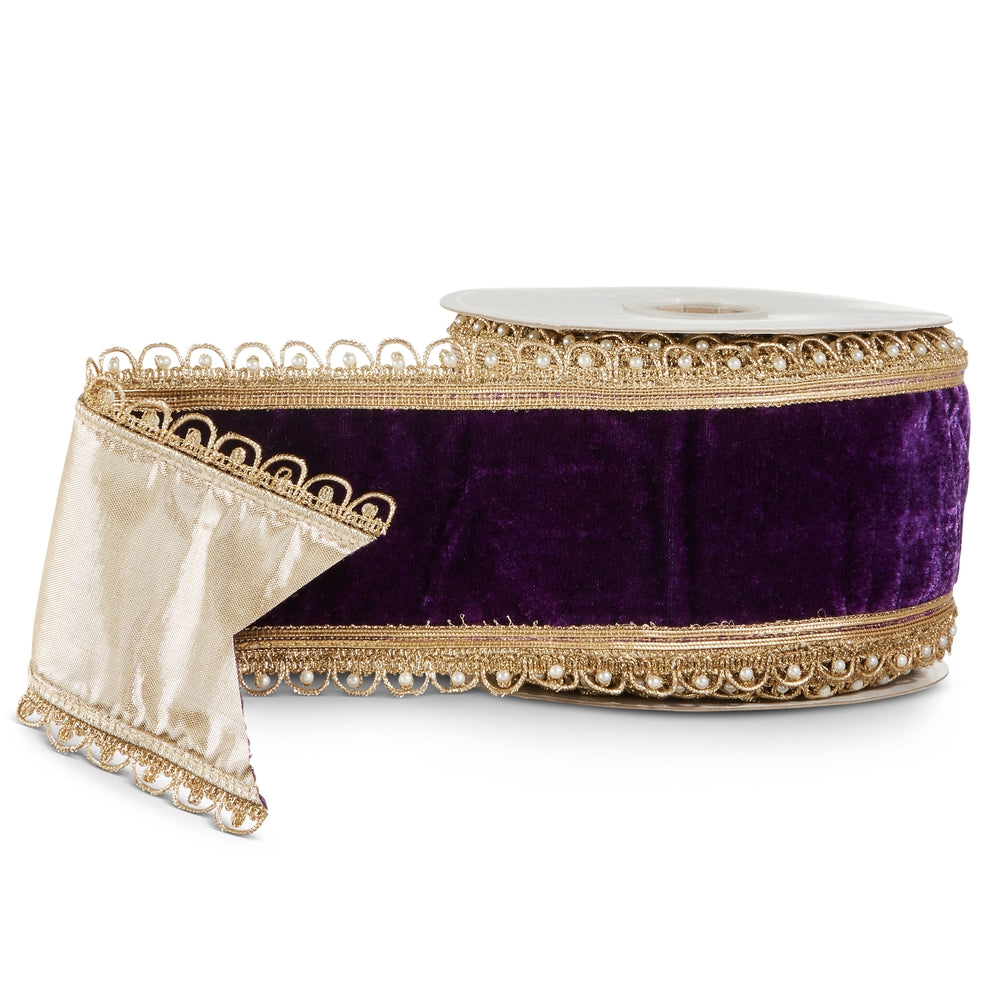 4" X 10 Yds Purple Velvet with Pearl Scalloped Wired Ribbon