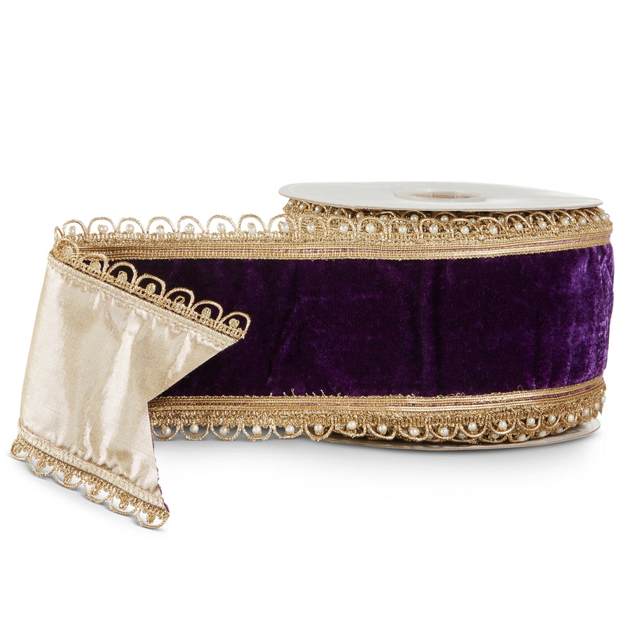 4" X 10 Yds Purple Velvet with Pearl Scalloped Wired Ribbon