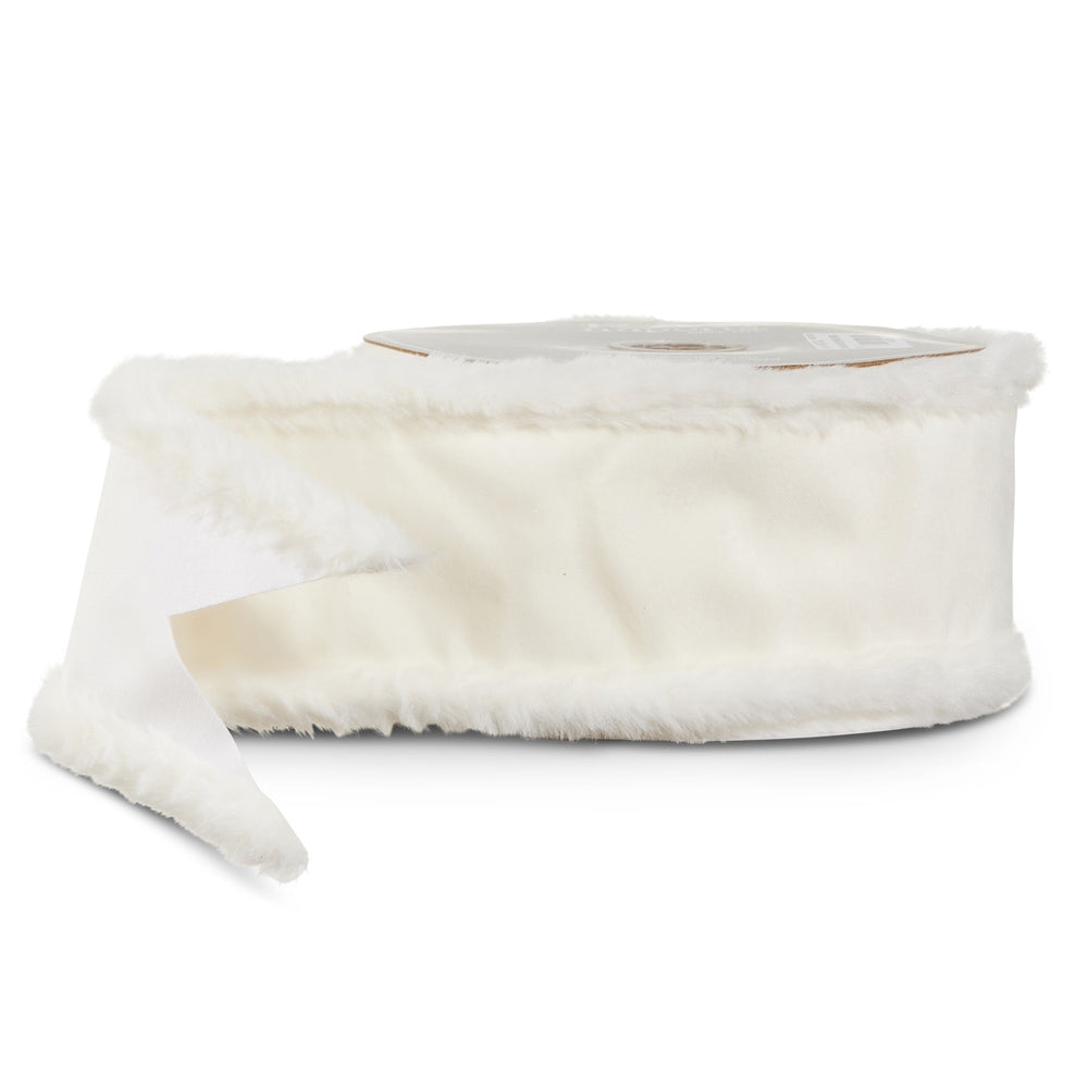 4" X 10 Yds White Velvet with White Fur Edge Wired Ribbon