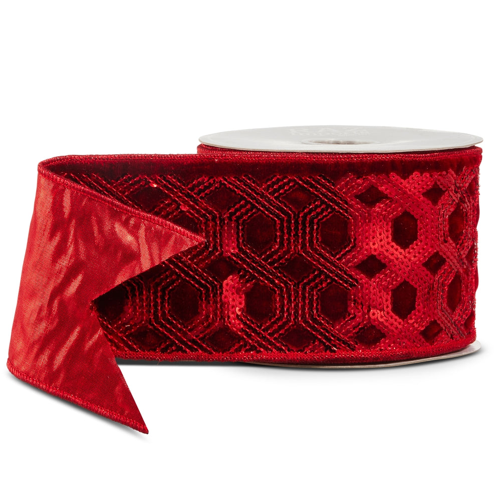 4" X 10 Yds Red Velvet Sequin Wired Ribbon