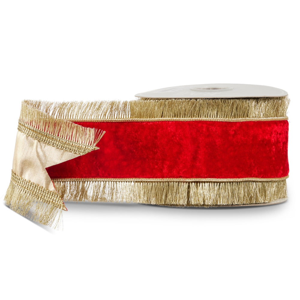 4" X 10 Yds Red Velvet Fringe Wired Ribbon