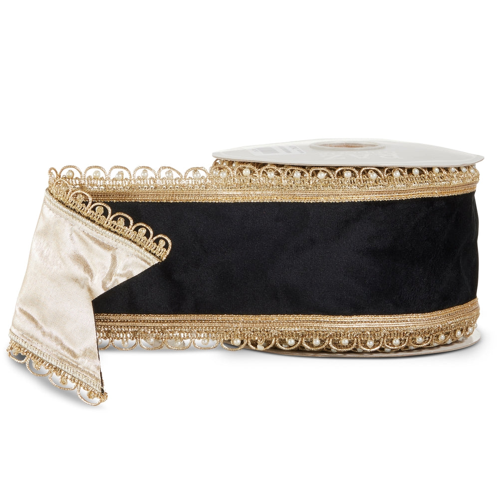 4" X 10 Yds Black Velvet Pearl Edge Wired Ribbon