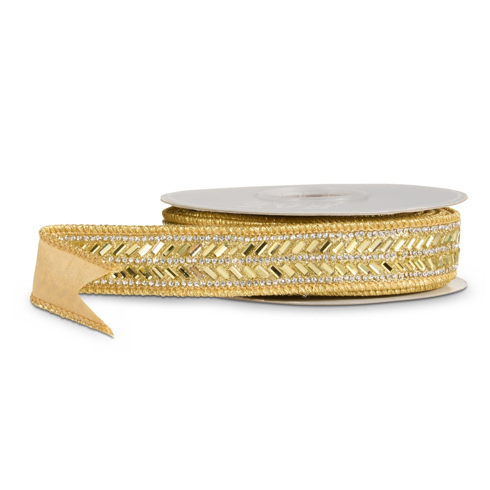 1" X 5 Yds Gold Jeweled Wired Ribbon