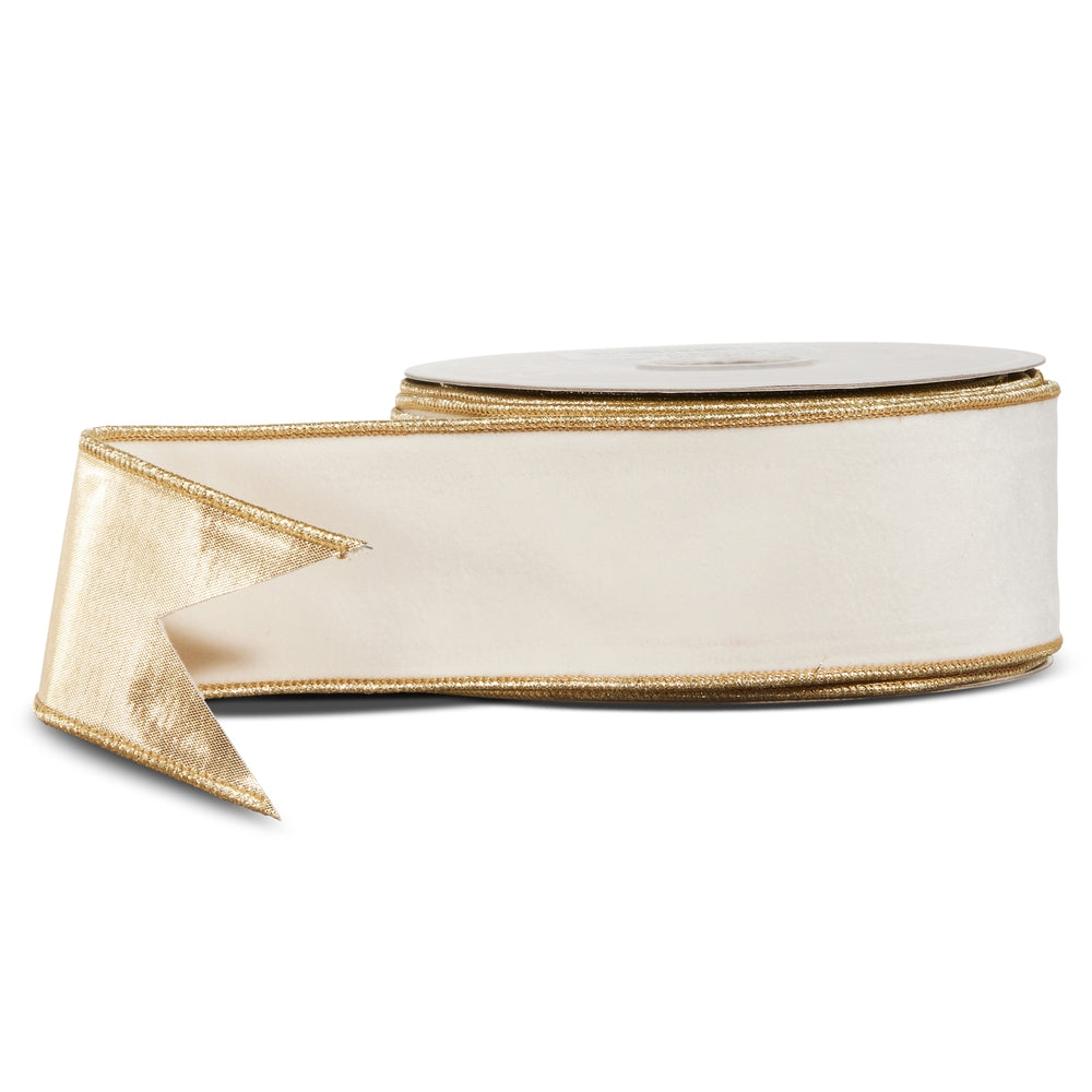 2.5" X 10 Yds Ivory Velvet and Gold Wired Ribbon