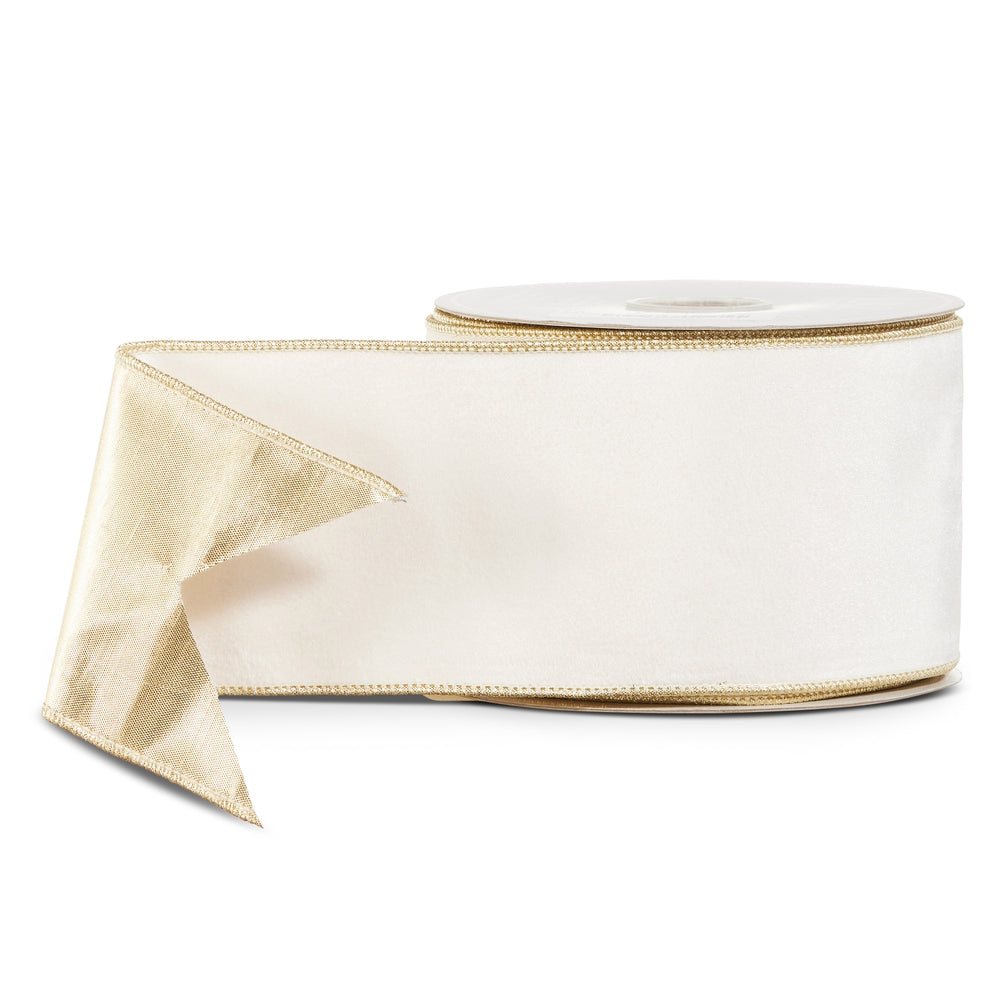 4" X 10 Yds Ivory Velvet and Gold Wired Ribbon