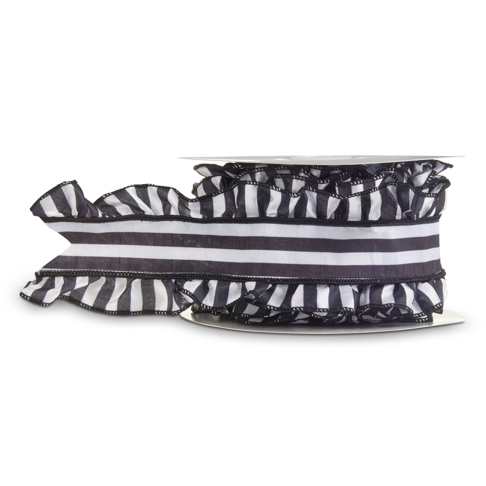 4" X 10 Yds Black and White Striped Ruffle Wired Ribbon