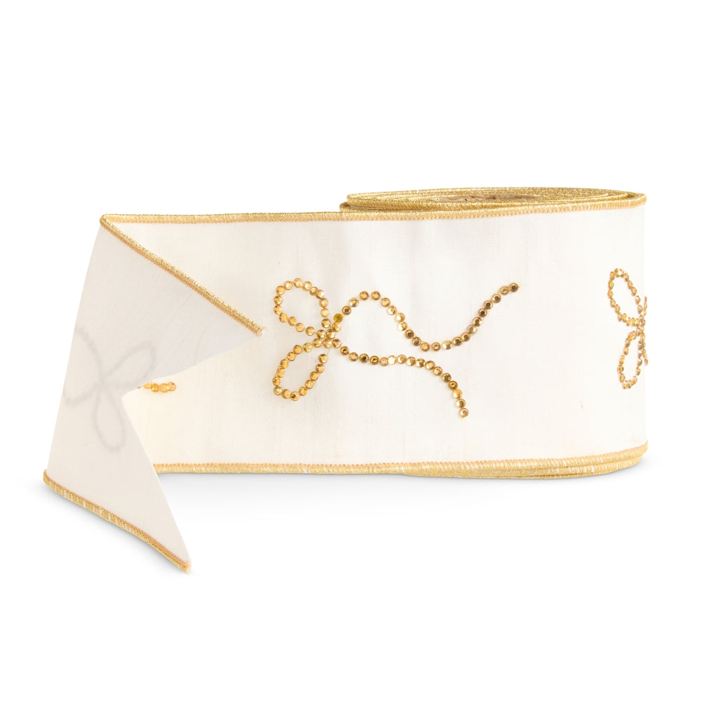 4" X 5 Yds Ivory and Gold Bows Wired Ribbon