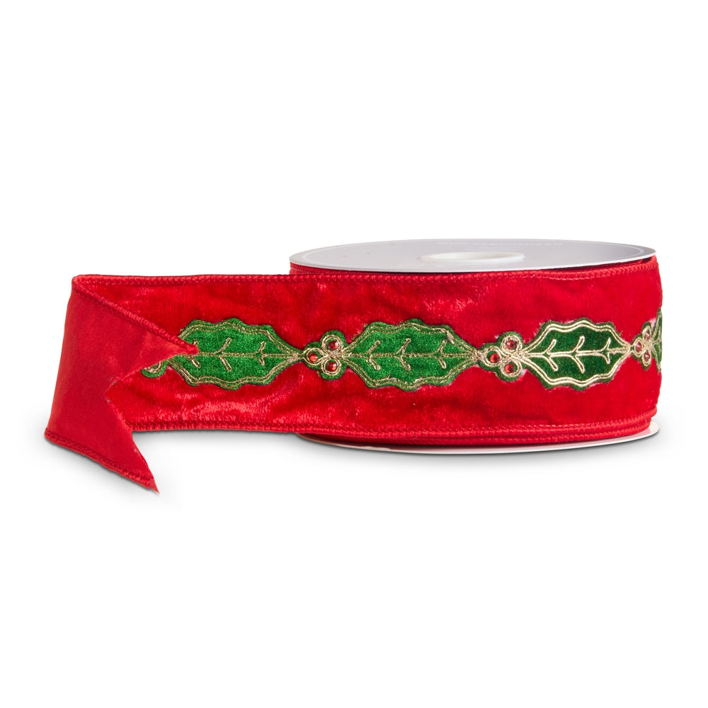 2.5" X 10 Yds Velvet Holly Wired Ribbon