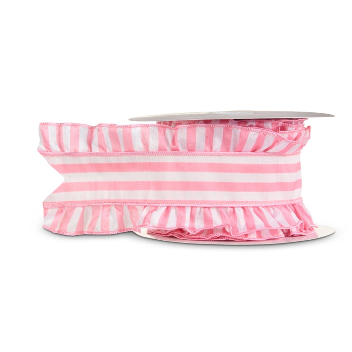 Pink and White Striped Wired Ribbon 4 Inch x 10 Yards