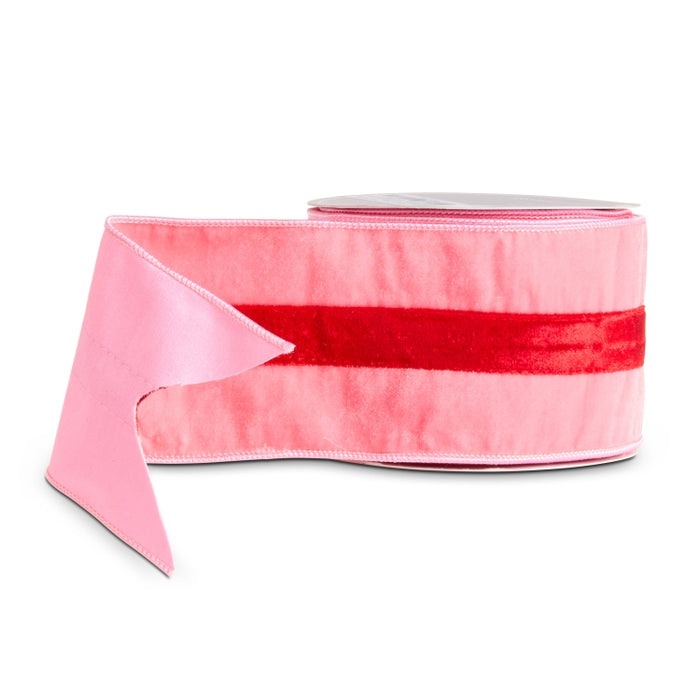Pink and Red Striped Velvet Wired Ribbon 4 Inch x 10 Yards