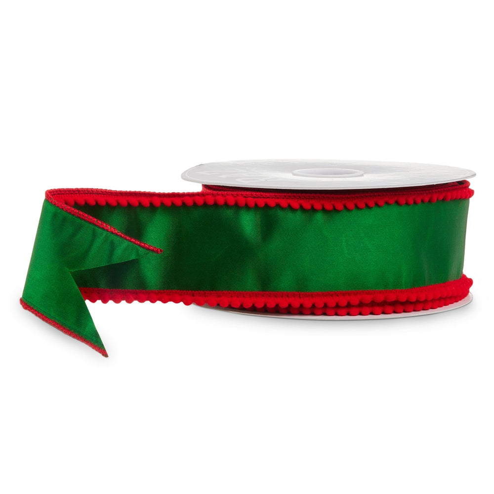 2.5" X 10 Yds Green with Red Pom Pom Edge Wired Ribbon