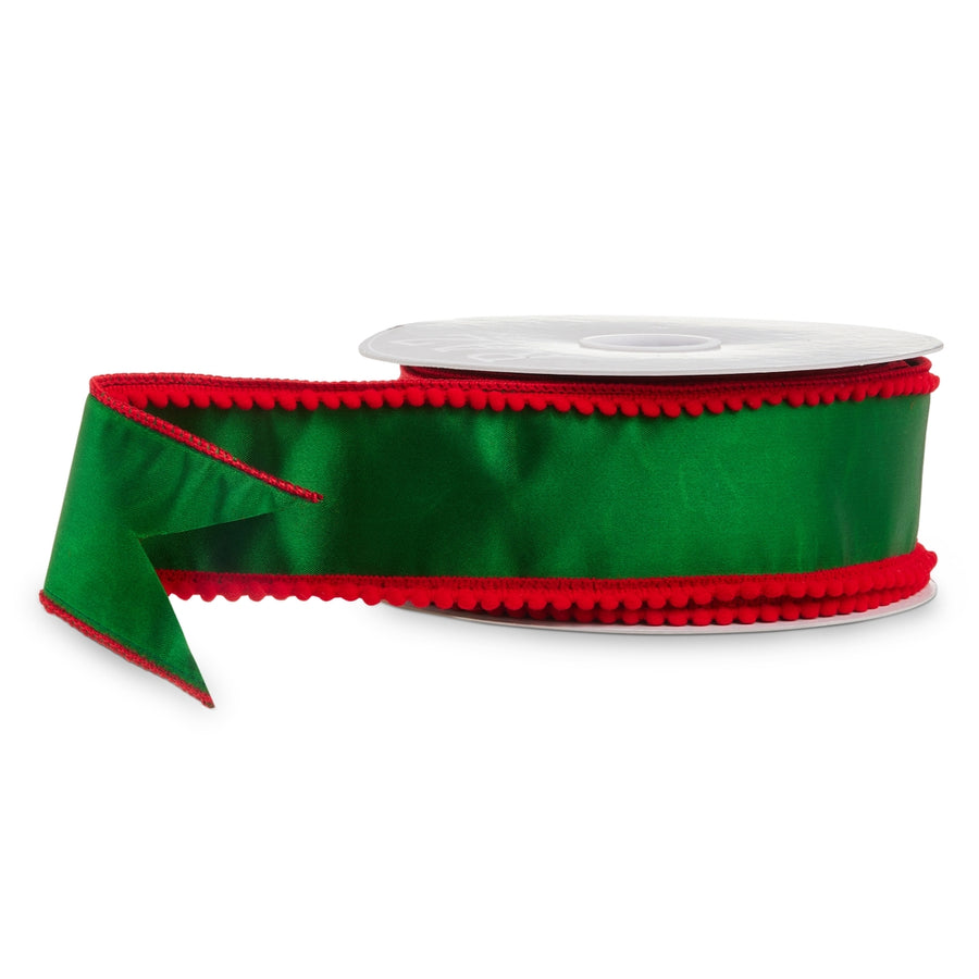 2.5" X 10 Yds Green with Red Pom Pom Edge Wired Ribbon