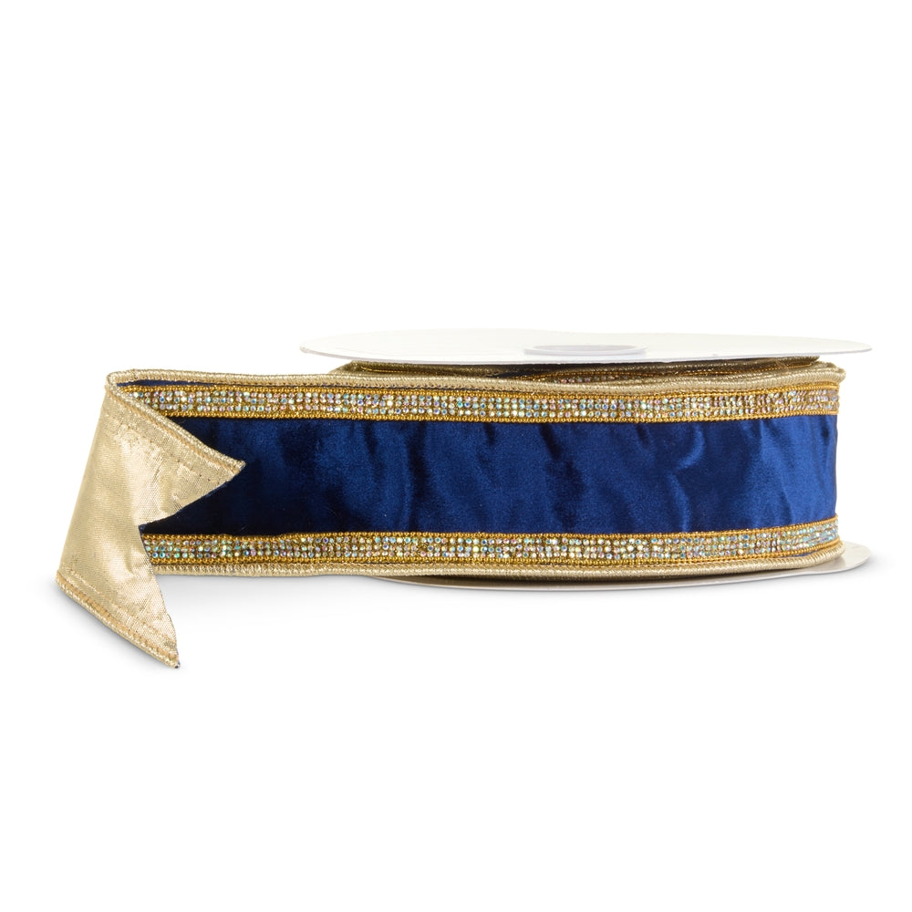 2.5" X 5 Yds Navy Blue Velvet and Gold Trim Wired Ribbon