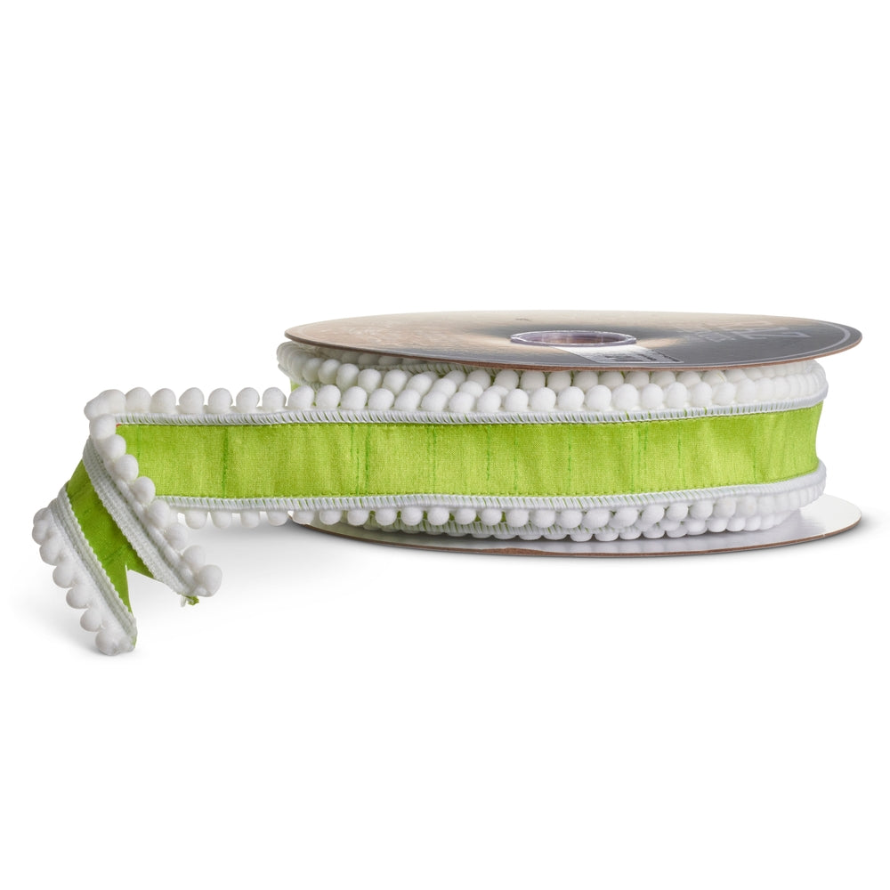 2" X 5 Yds Green and White Pom Pom Wired Ribbon