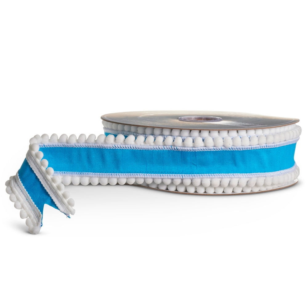 2" X 5 Yds Blue and White Pom Pom Wired Ribbon