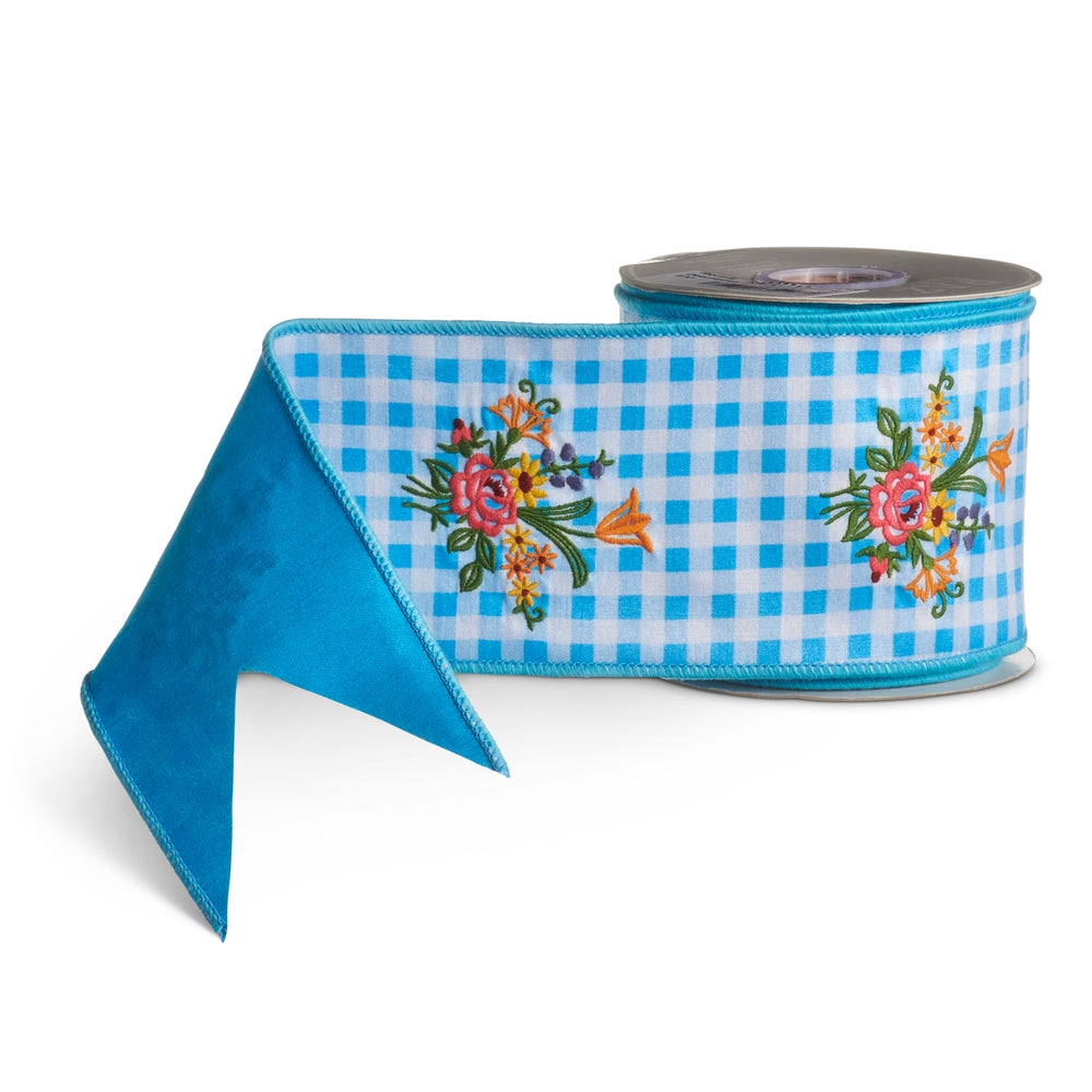 4" X 5 Yds Gingham and Embroidered Floral Wired Ribbon