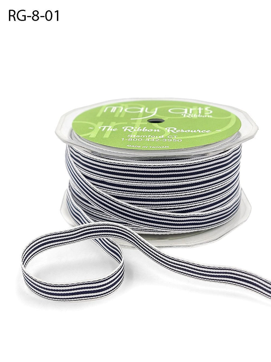 3/8 Inch Woven Grosgrain Stripe Ribbon with Woven Edge – RG-8-01 DARK NAVY/WHITE STRIPES