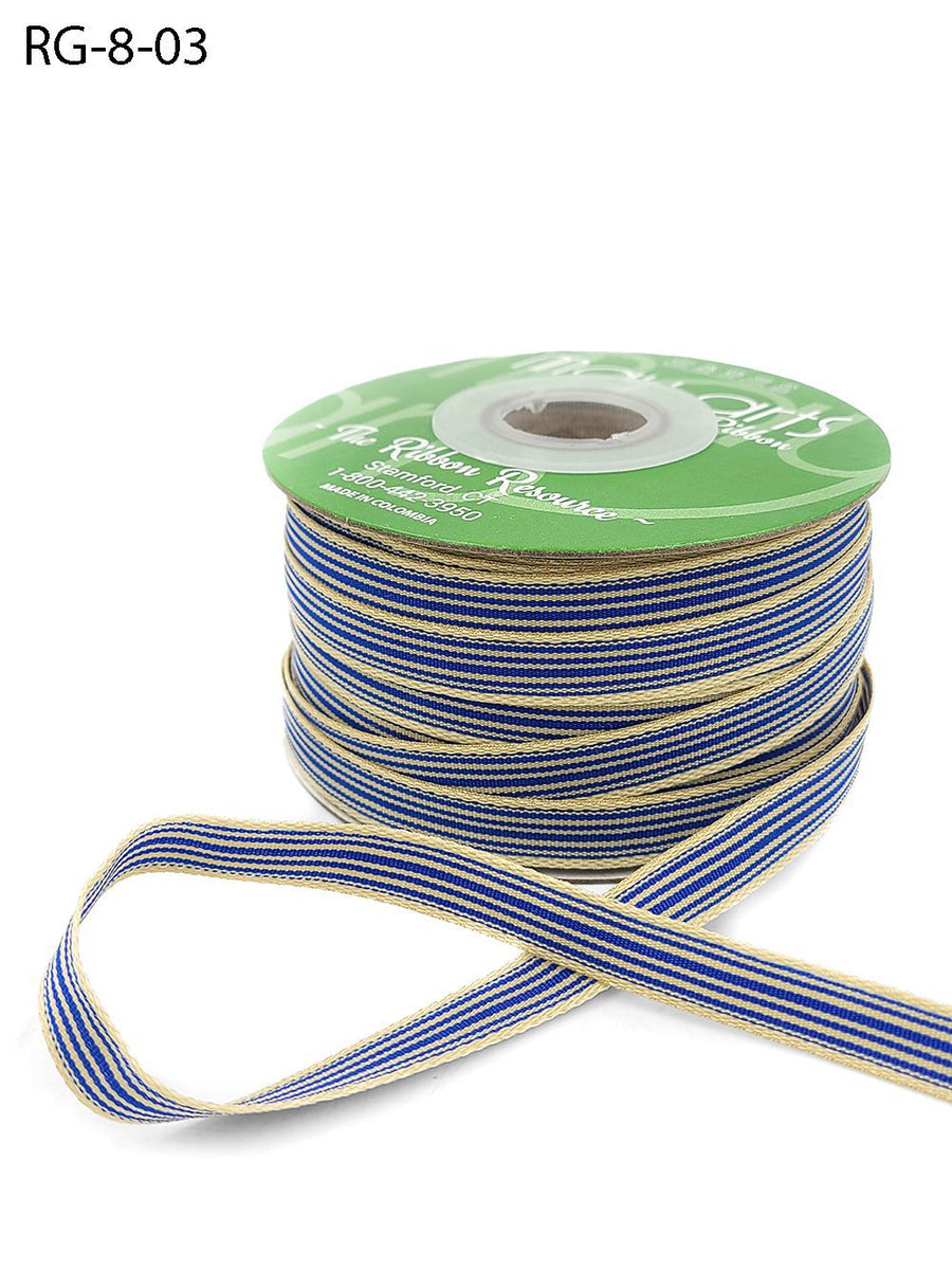 3/8 Inch Woven Grosgrain Stripe Ribbon with Woven Edge – RG-8-03 – ROYAL BLUE/OATMEAL SRIPES