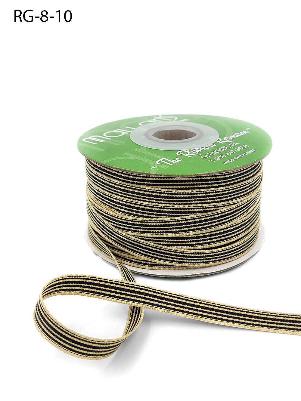 3/8 Inch Woven Grosgrain Stripe Ribbon with Woven Edge – RG-8-10 – BLACK/OATMEAL STRIPES