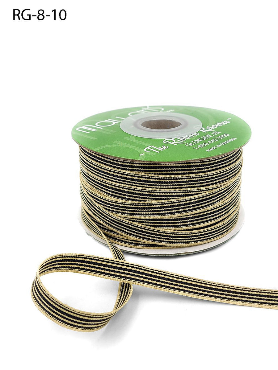 3/8 Inch Woven Grosgrain Stripe Ribbon with Woven Edge – RG-8-10 – BLACK/OATMEAL STRIPES