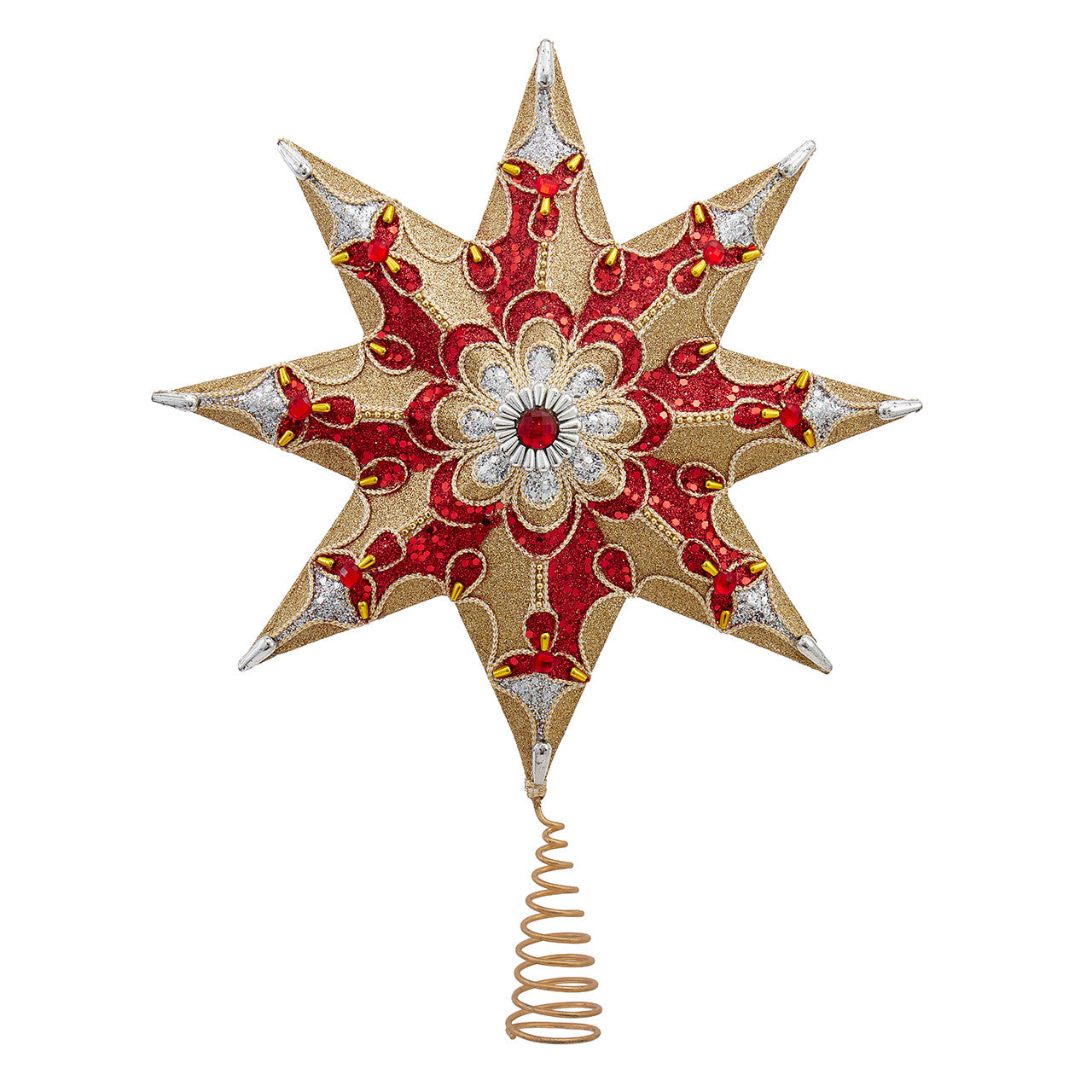 16" 8-Point Red, Gold & Silver Flower Motif Tree Top