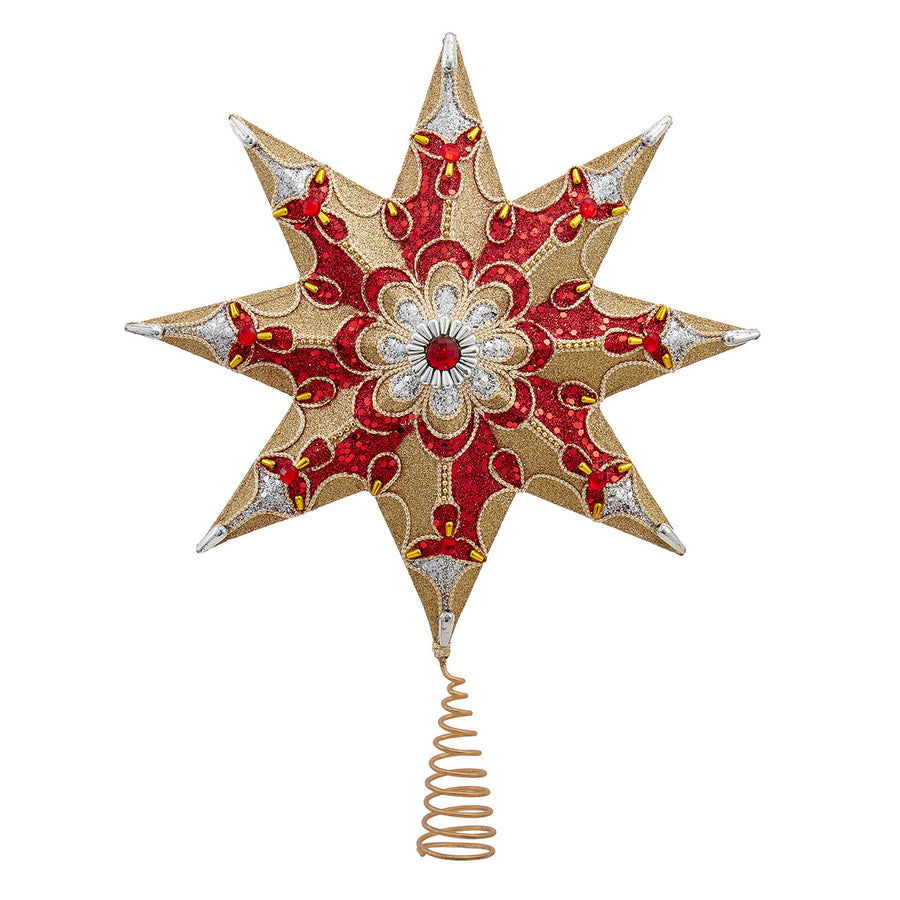 16" 8-Point Red, Gold & Silver Flower Motif Tree Top