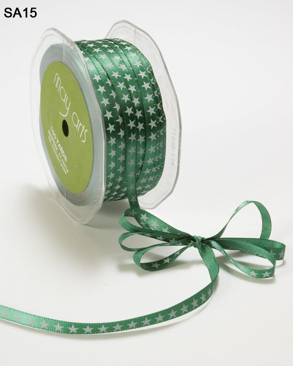 1/4 Inch Satin White Star Print Ribbon with Woven Edge – SA15 – GREEN