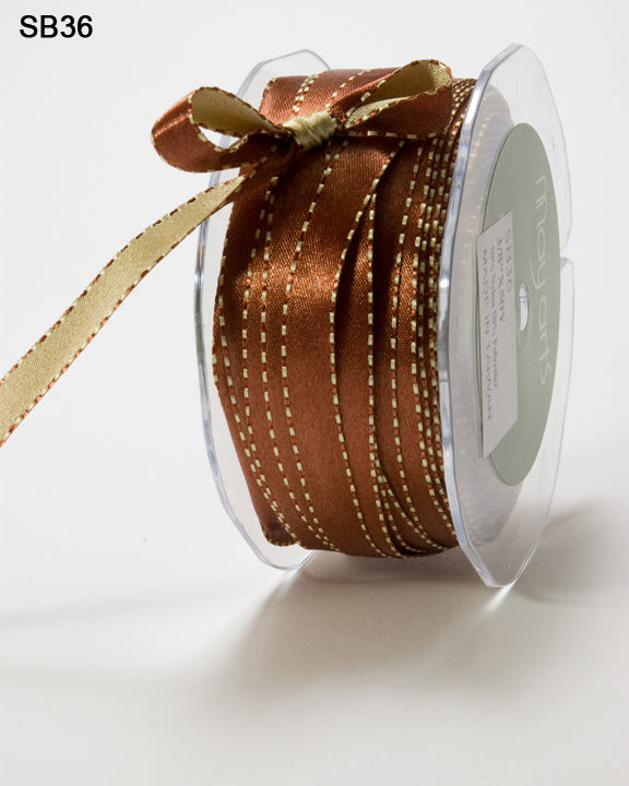 3/8 Inch Reversible Two-Color Satin Ribbon With Woven Stitched Edge – SB36 – RUST/SAGE