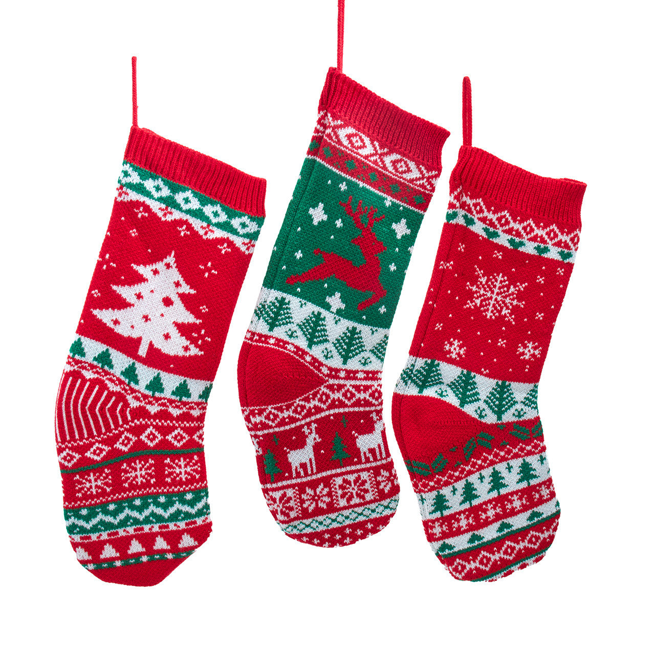 Red, Green & White With Deer, Snowflake Or Tree Design Knit Stockings