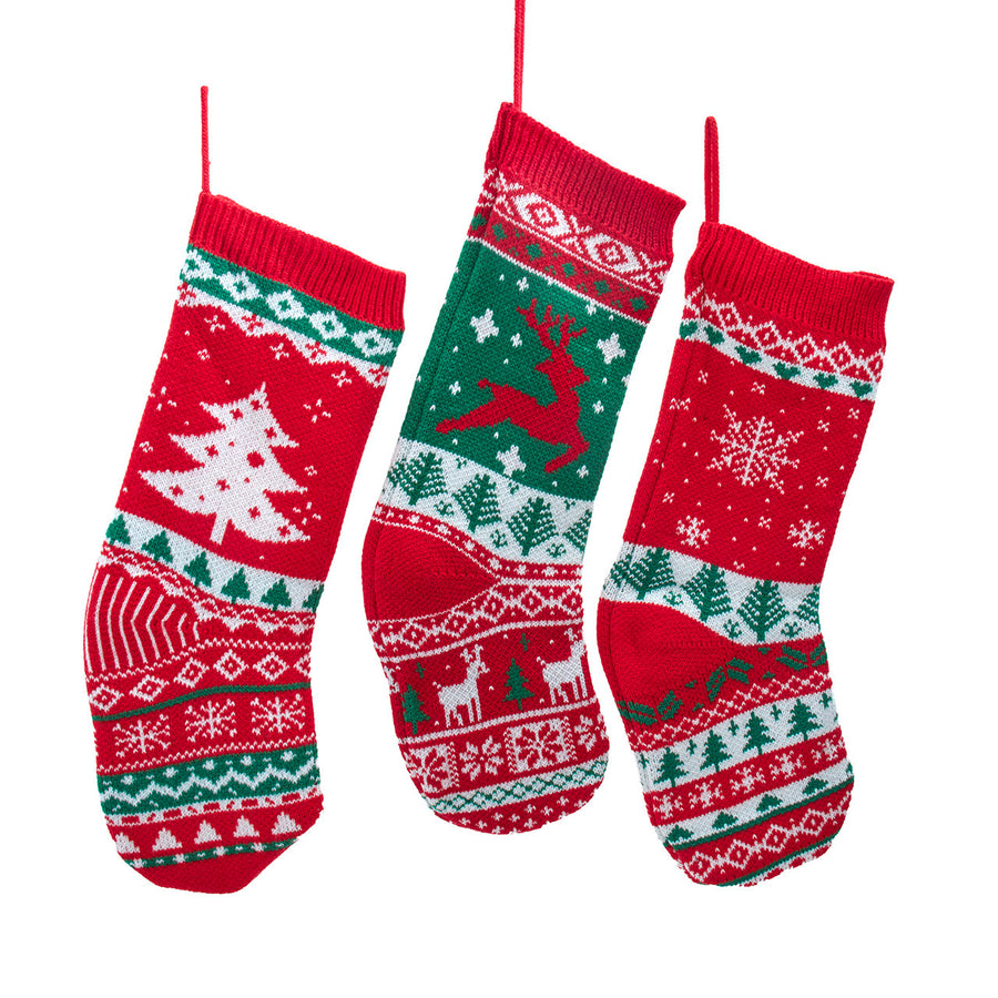 Red, Green & White With Deer, Snowflake Or Tree Design Knit Stockings