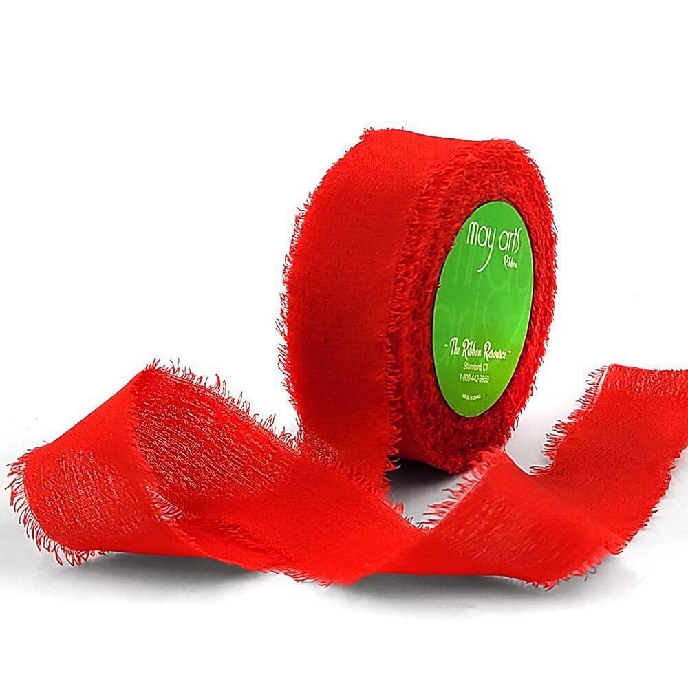 5/8 Inch 100% Silk Crepe with Frayed Edge (NON-DYED and HAND-DYED) – SKCF-58-14 RED