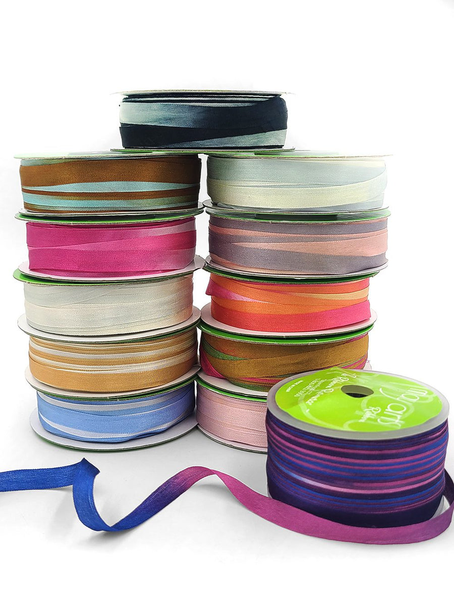 1/4 Inch 100% Hand-Dyed Variegated (multi-color) Silk Ribbon with Woven Edge – SKM-4-28 Yellow/Fuchsia/Orange (NEW)