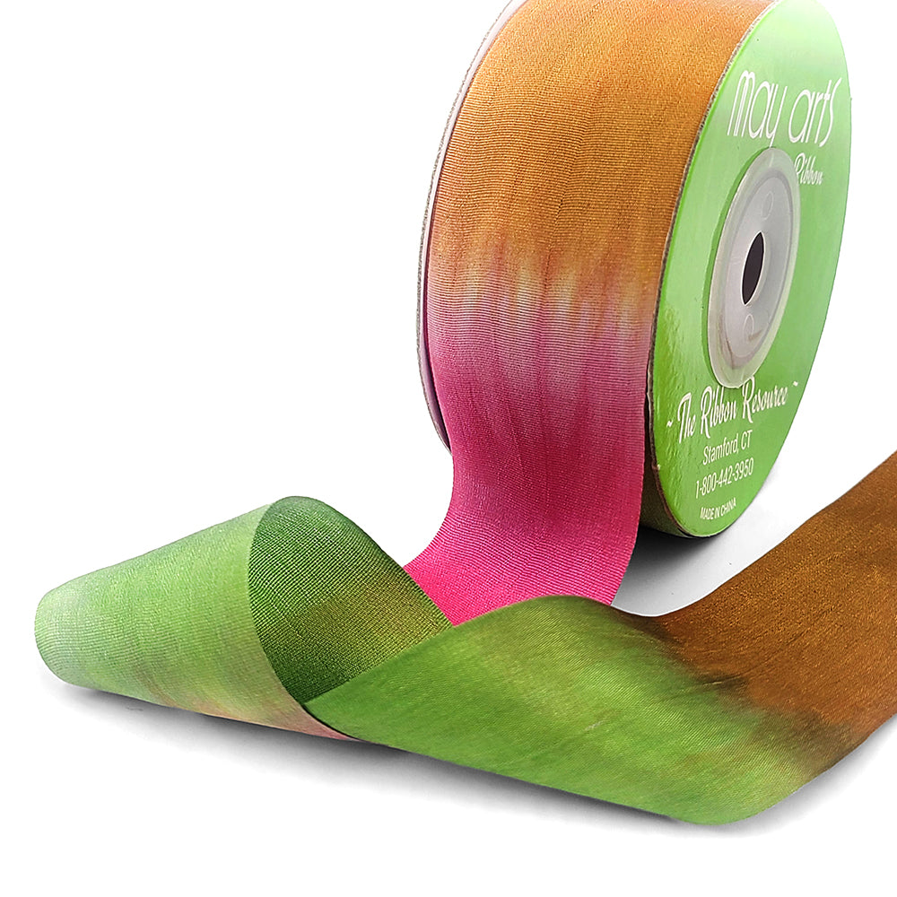 1.25 Inch 100% Hand-Dyed Variegated (multi-color) Silk Ribbon with Woven Edge – SKM-5-22 Fuchsia/Green