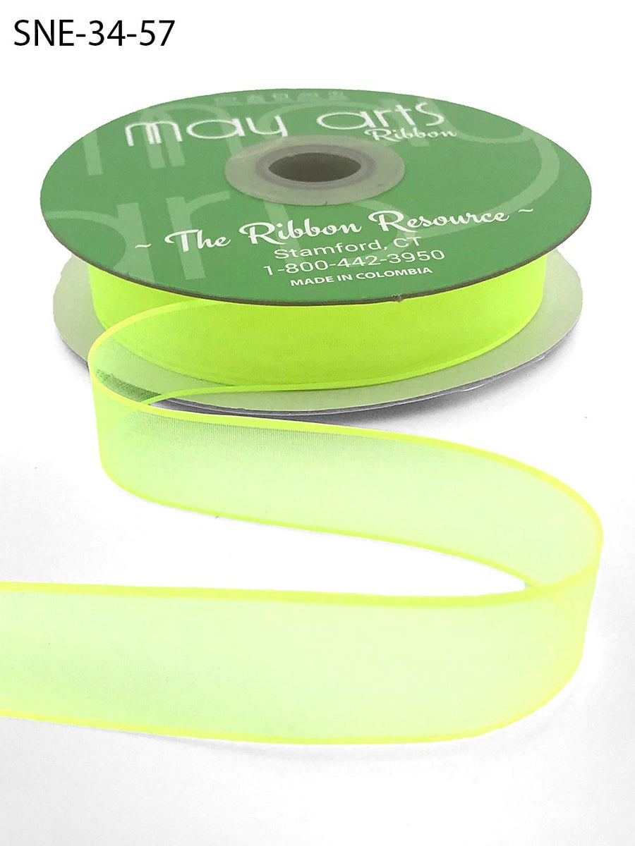 ~3/4 Inch Soft Sheer Ribbon with Thin Solid Edge – SNE-34-57 Neon Yellow